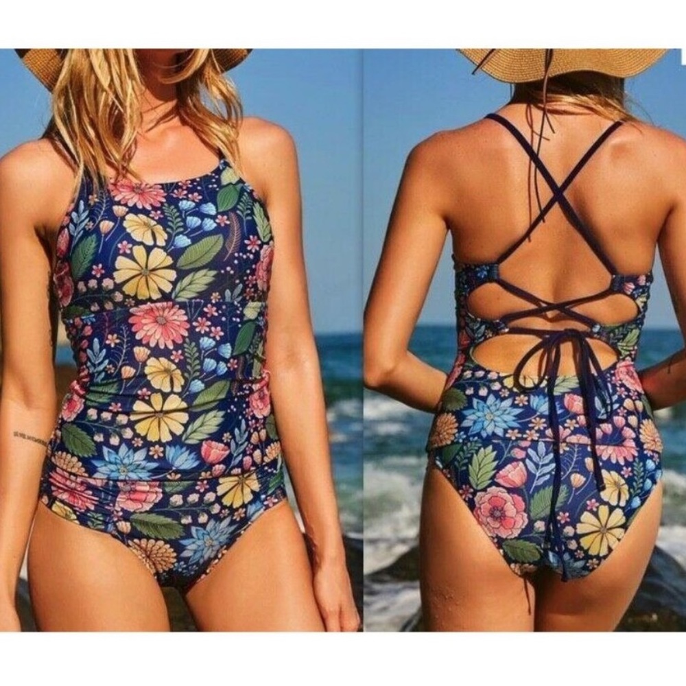 Beach Sissi Blue Floral Print Strappy Criss Cross Straps Tankini Set S/M